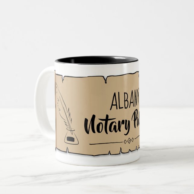Albany Notary Public Scroll Feather Quill Two-Tone Coffee Mug (Front Left)