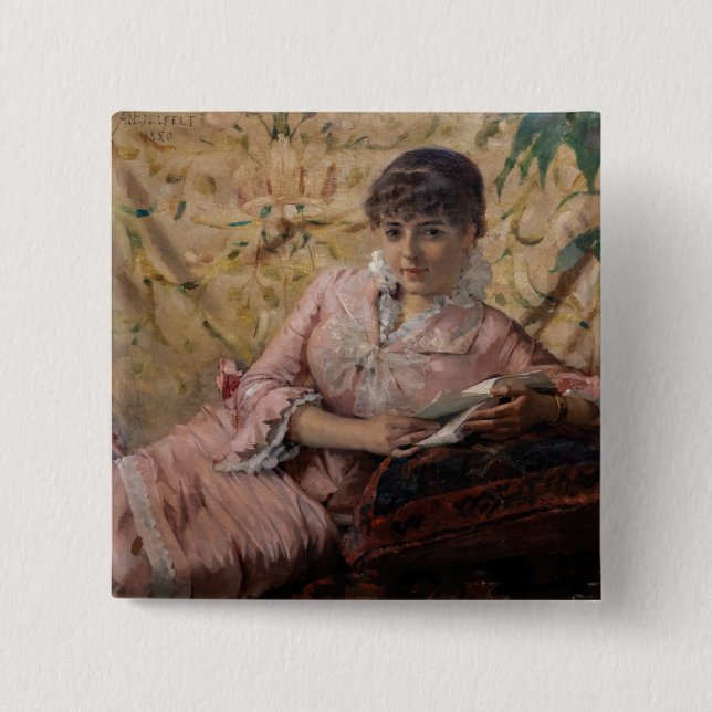 Albert Edelfelt - The Reading Parisienne 2 Inch Square Button (Front)