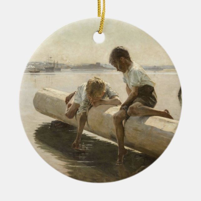 Albert Edelfelt - Two Boys on a Log Ceramic Ornament (Front)