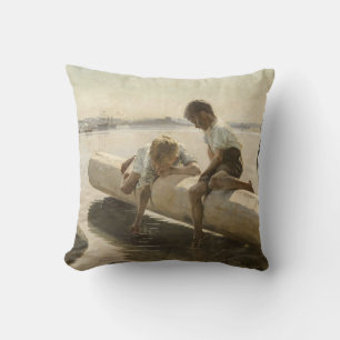 Albert Edelfelt - Two Boys on a Log Throw Pillow