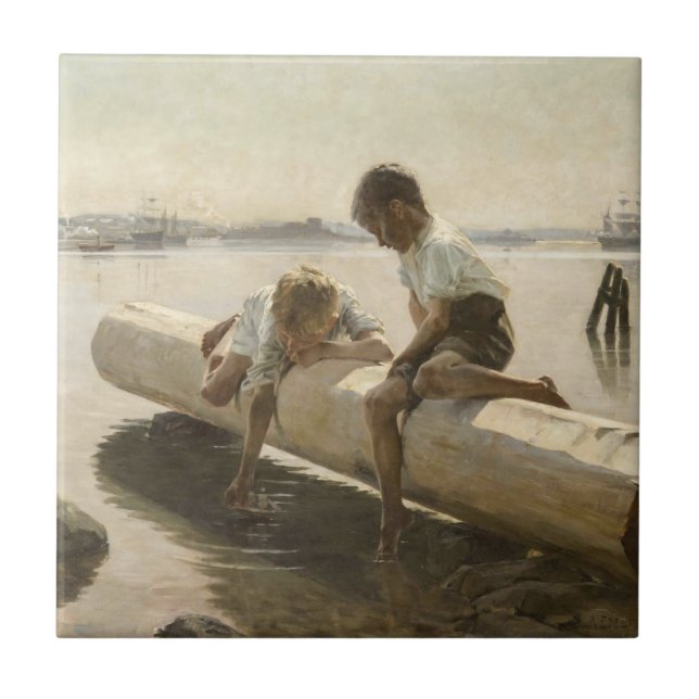 Albert Edelfelt - Two Boys on a Log Tile (Front)
