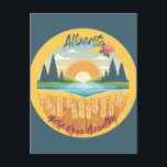 Alberta: Wild Rose Country Postcard<br><div class="desc">A vintage-style,  souvenir image featuring Alberta,  the Wild Rose Country.  In the image you can find rolling hills,  forest,  trees,  a river,  wheat fields,  a sun setting in big sky and the provincial flower: a Wild Rose.  A great retro image of Canada's Alberta.</div>