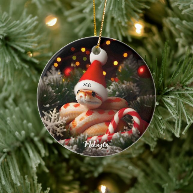 Albino Corn Snake in a Santa Hat Christmas Ceramic Ornament (Tree)