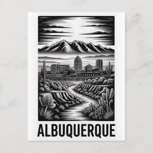 Albuquerque New Mexico Skyline Black White Woodcut Holiday Postcard