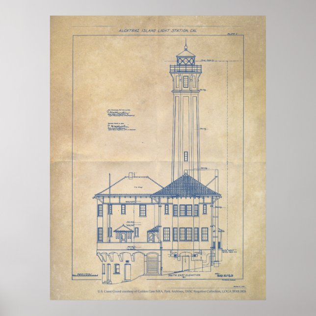 Alcatraz Island Lighthouse Blueprint Vintage Poster (Front)