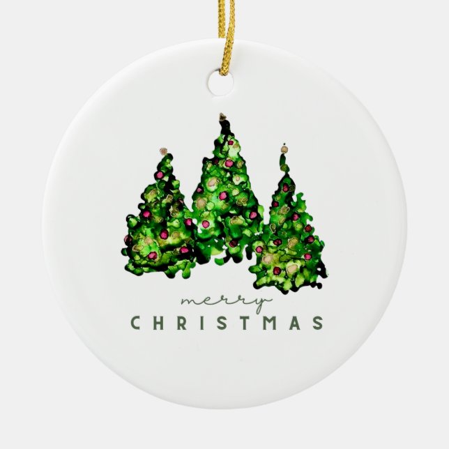 Alcohol Ink Design Christmas Tree Holiday Card Ceramic Ornament (Front)