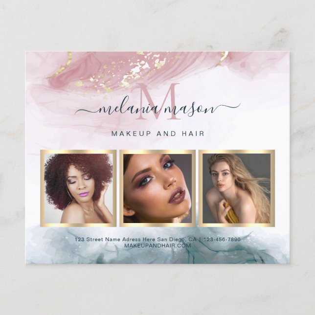 Alcohol Ink Gold Blush Blue Watercolor Photo Flyer (Front)