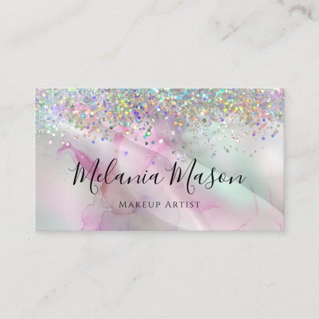 Alcohol Ink Makeup Artist Holographic Glitter Chic Business Card (Front)