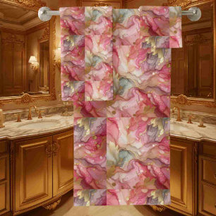 Alcohol Ink Pink and Gold Marble Towel Set
