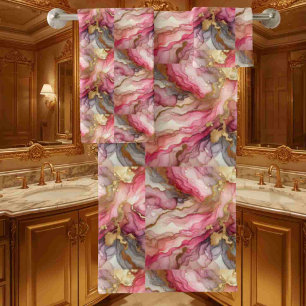 Alcohol Ink Pink and Gold Marble Towel Set
