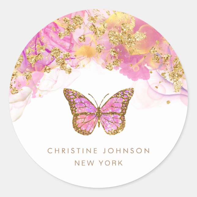 alcohol ink pink butterfly logo classic round sticker (Front)