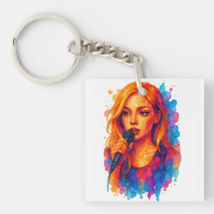 Alcohol Ink Portrait of a Young Female Singer Keychain