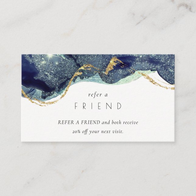 Alcohol Ink Silver Navy Glitter Refer a Friend Business Card (Front)