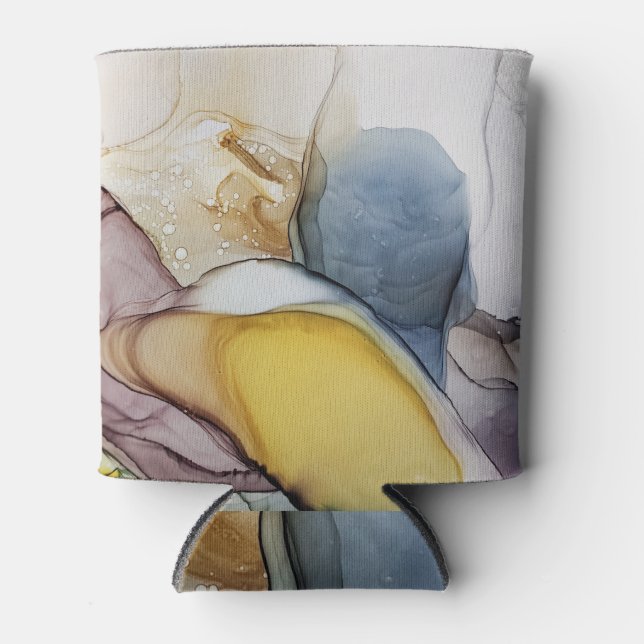 Alcohol ink swirls, yellow tint, abstract. can cooler (Front)