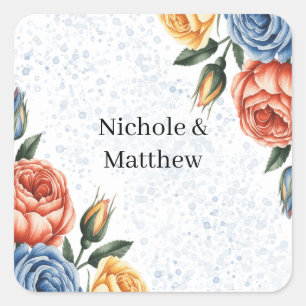 Alcohol Ink Watercolor Blue Orange Roses Wedding Square Sticker