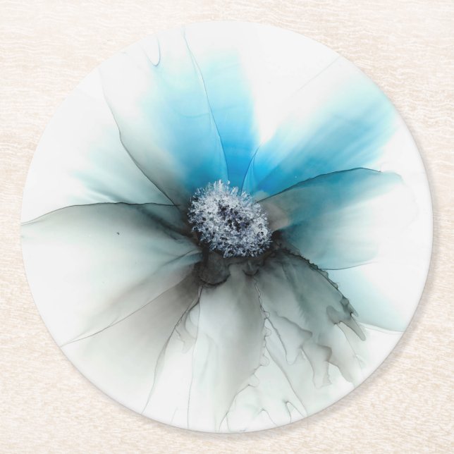 Alcohol inks ble flower round paper coaster (Front)