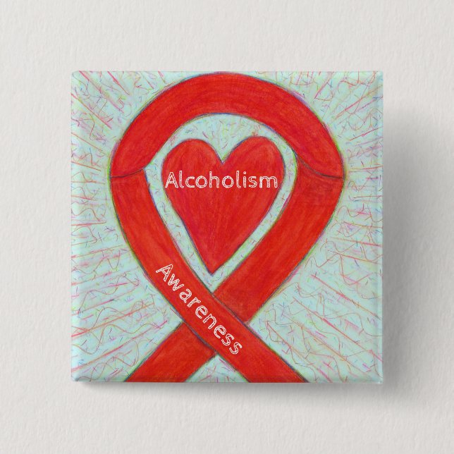 Alcoholism Awareness Red Heart Ribbon Custom Pins (Front)