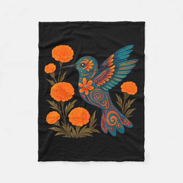 Alebrije Hummingbird Flower Mexican Folk Art Bird  Fleece Blanket (Front)