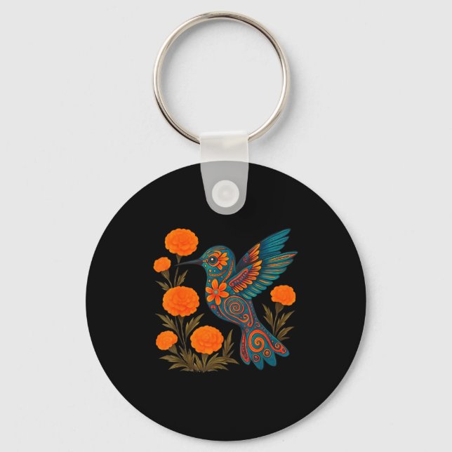Alebrije Hummingbird Flower Mexican Folk Art Bird  Keychain (Front)