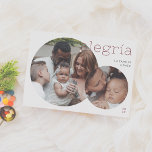 Alegría | Tarjeta Navideña Moderna con 2 Fotos Holiday Card<br><div class="desc">Elegante y moderna tarjeta de Navidad. El diseño presenta dos fotos en forma circular, dándole un toque contemporáneo a sus recuerdos más destacados. La foto más pequeña se superpone sobre la más grande. La palabra “Alegría” aparece en tipografía minimalista de colour rojo en la esquina superior y el nombre de...</div>