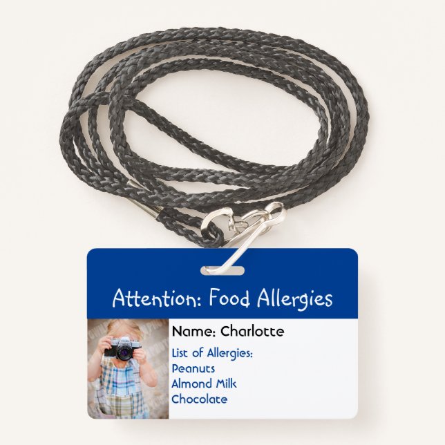 Alerte aux allergies alimentaires badge photo pers (Devant avec lanière)