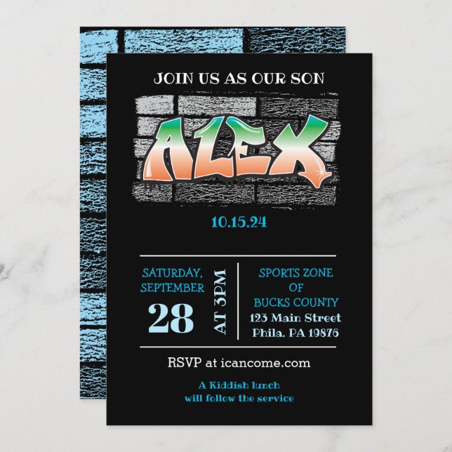 ALEX Your Name Graffiti Brick Wall Paint Splatter Invitation (Front/Back)