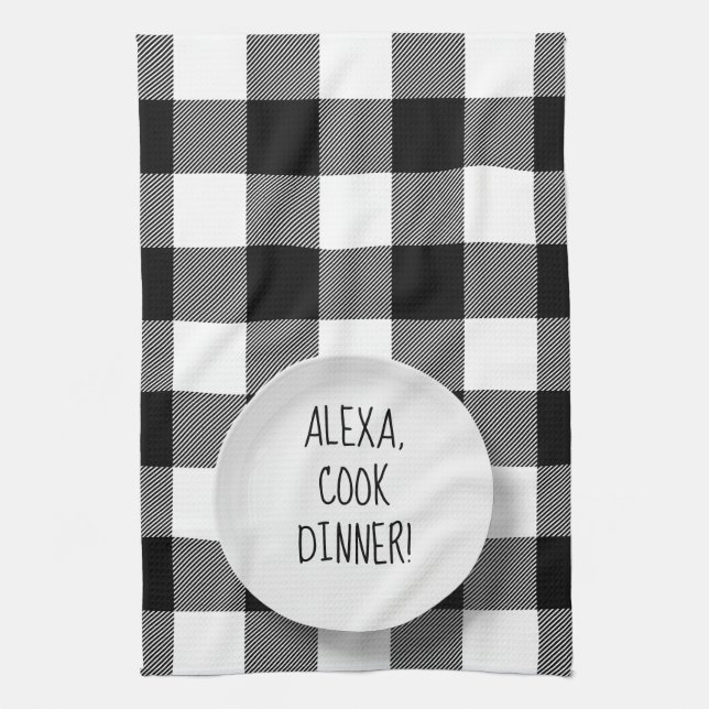 Alexa Command humour on buffalo plaid Kitchen Towel (Vertical)
