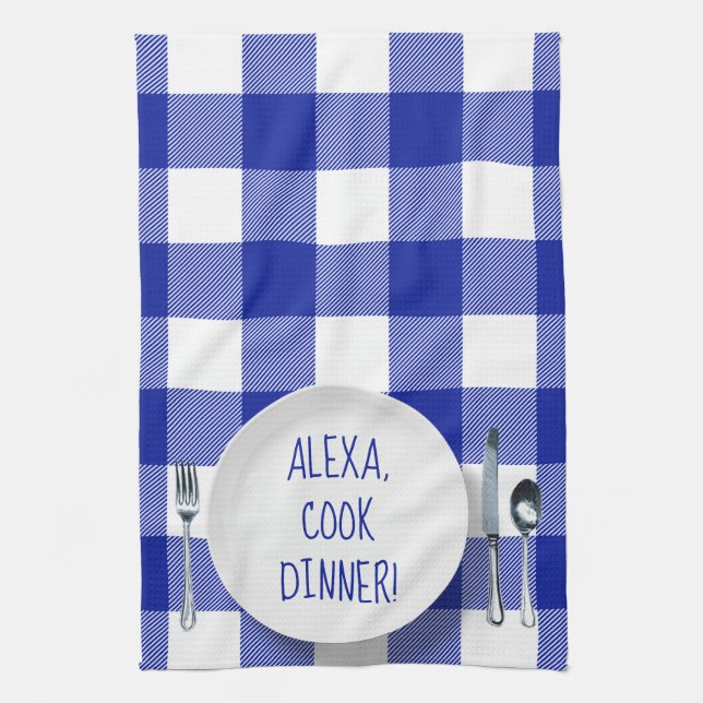 Alexa Command humour on buffalo plaid Kitchen Towel (Vertical)