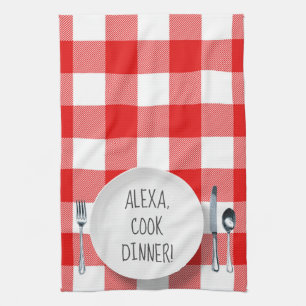 Alexa Command humour on buffalo plaid Kitchen Towel