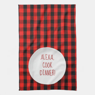 Alexa Command humour on buffalo plaid Kitchen Towel