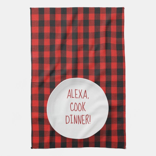 Alexa Command humour on buffalo plaid Kitchen Towel (Vertical)