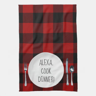 Alexa Command humour on buffalo plaid Kitchen Towel