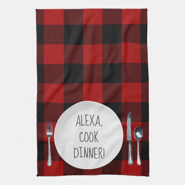 Alexa Command humour on buffalo plaid Kitchen Towel (Vertical)