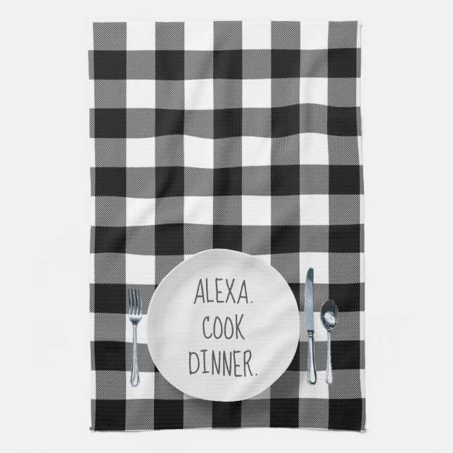 Alexa Command Humour On Buffalo Plaid Kitchen Towel (Vertical)