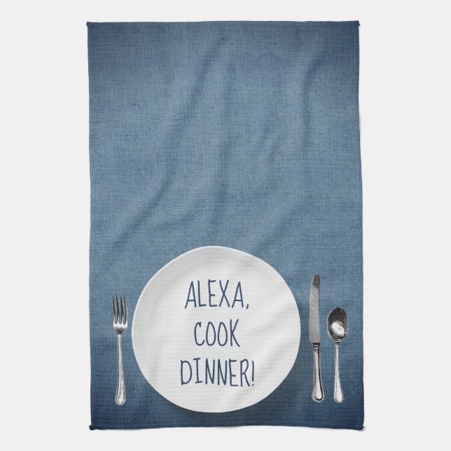 Alexa Command humour on denim blue Kitchen Towel (Vertical)