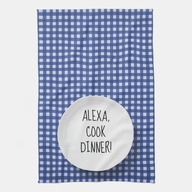 Alexa Command humour on gingham Kitchen Towel (Vertical)
