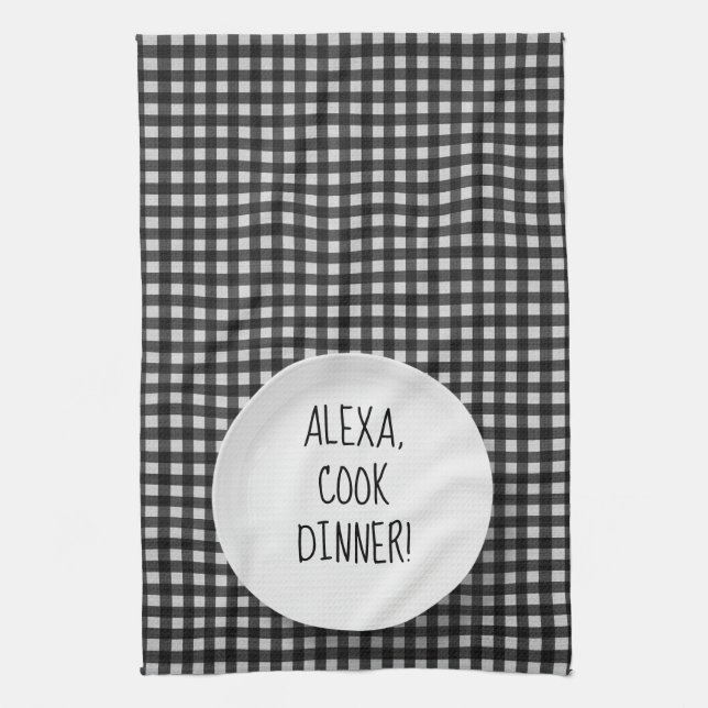 Alexa Command humour on gingham Kitchen Towel (Vertical)