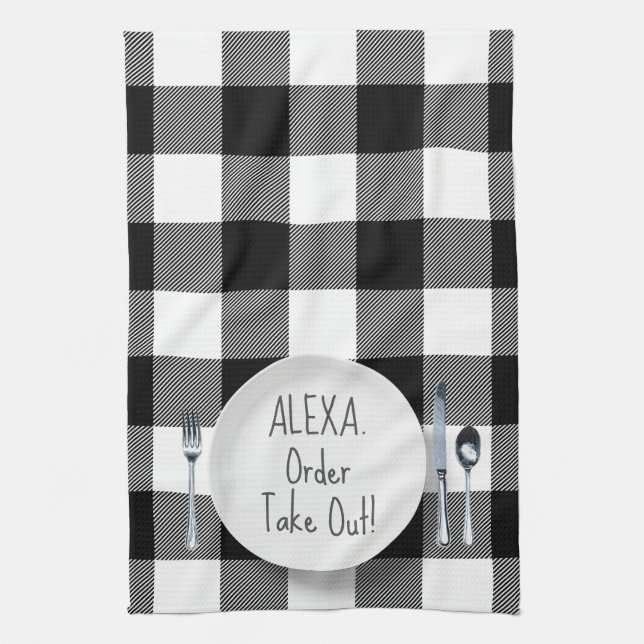 Alexa Command Humour On Plaid Kitchen Towel (Vertical)