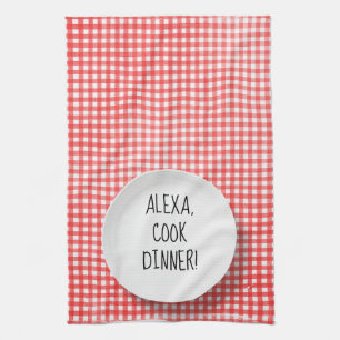 Alexa Command humour on red gingham Kitchen Towel