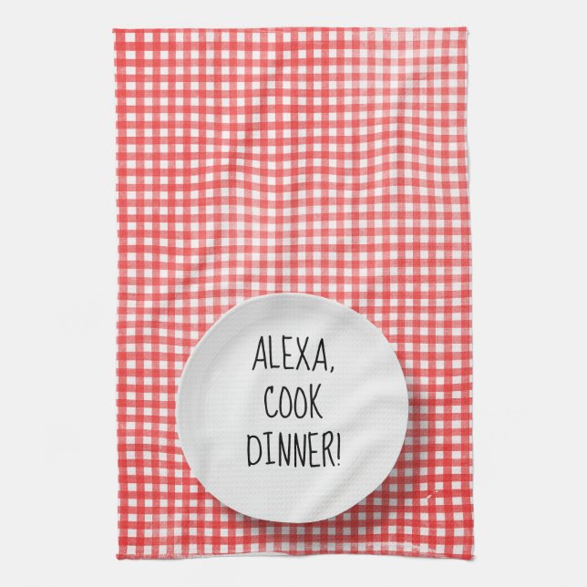 Alexa Command humour on red gingham Kitchen Towel (Vertical)