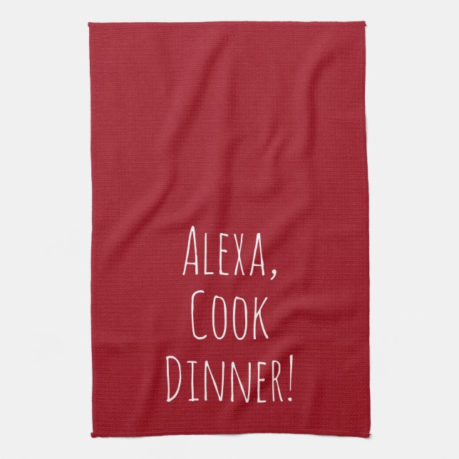 Alexa Command humour on red Kitchen Towel (Vertical)