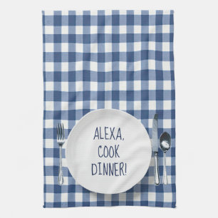Alexa Command On Blue Gingham Kitchen Towel