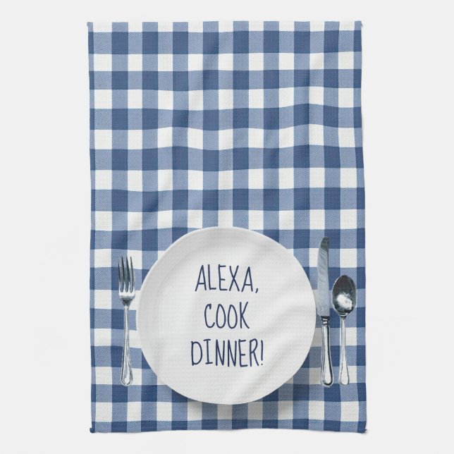 Alexa Command On Blue Gingham Kitchen Towel (Vertical)
