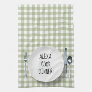 Alexa Command On Green Gingham Kitchen Towel