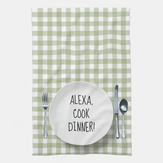 Alexa Command On Green Gingham Kitchen Towel (Vertical)