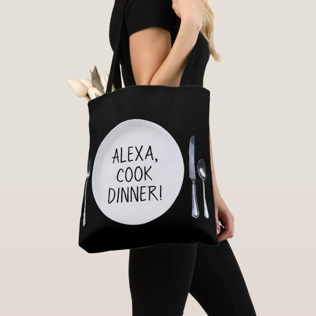 Alexa command on white dinner plate tote bag (Close Up)