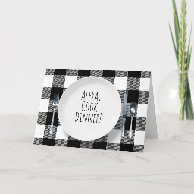 Alexa Command on white plate birthday Card (Front)
