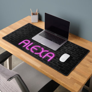 ALEXA In PINK Neon Lights On Brick Desk Mat