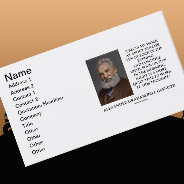 Alexander Graham Bell Night More Quiet Time Work Business Card (Alexander Graham Bell work quote for night owls on this business card)