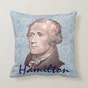 Alexander Hamilton on Blue Lace & Heart Background Throw Pillow